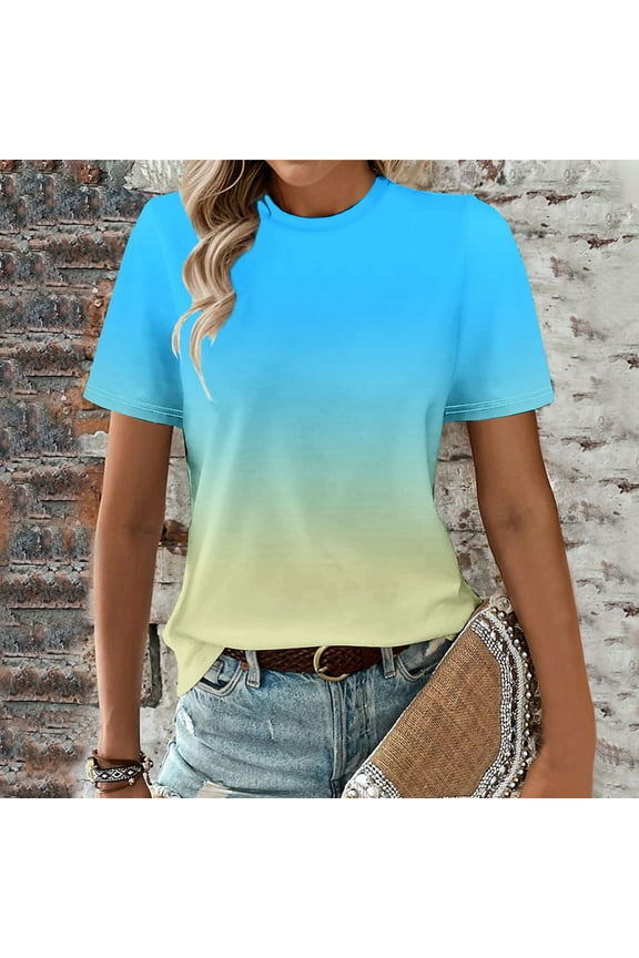 Women's Plus Size T Shirts Short Sleeve Crewneck Summer Tops Gradient Loose Basic Tee Shirts Sky Blue-A S(S)