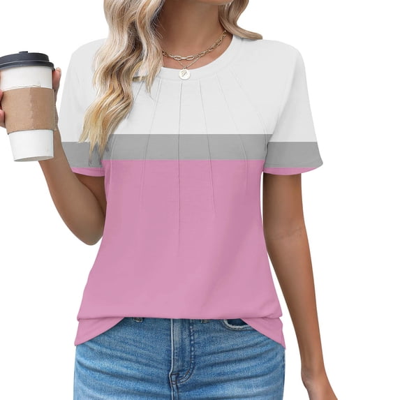 Fengqque Women's Plus Size Tops Summer Round Neck Short Sleeve Basic Pleated Loose Fit Tunic Shirts Pink-A XXL(XXL)