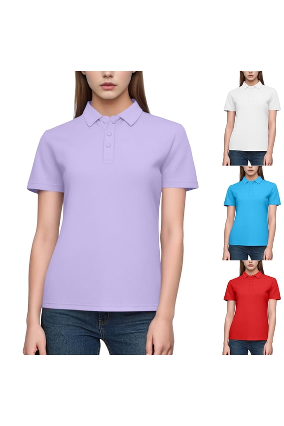 Women's Regular-Fit Short-Sleeve T-Shirt Lapel Button Down Slim Fitted Solid Business Work T-Shirt White-E XL(XL)