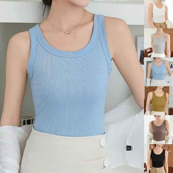 Fengqque Women's Round Neck Basic Racerback Camisole Rib-Knit Slim Fit Solid Sleeveless Tank Tops Yellow XL(XL)
