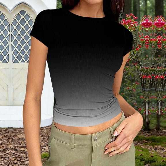 Fengqque Women's Round Neck Short Sleeve Gradient Color Slim Fit T-shirt Casual Tight Fitting Ladies' Top Black S(S)