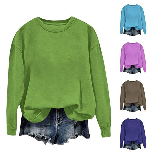 Fengqque Women's Round Neck Solid Color Loose Sweatshirt Long Sleeved Pullover Sweatshirt Sky Blue XL(XL)