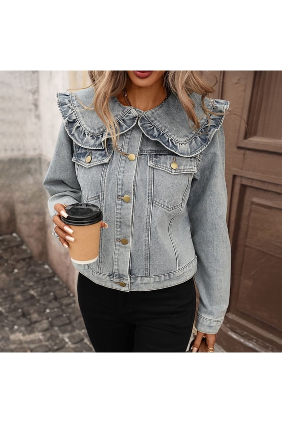 Women’s Ruffled Peter Pan Collar Cropped Denim Jacket Button Front Long Sleeve Light Wash Slim Fit Short Jean Outer Coat Blue S