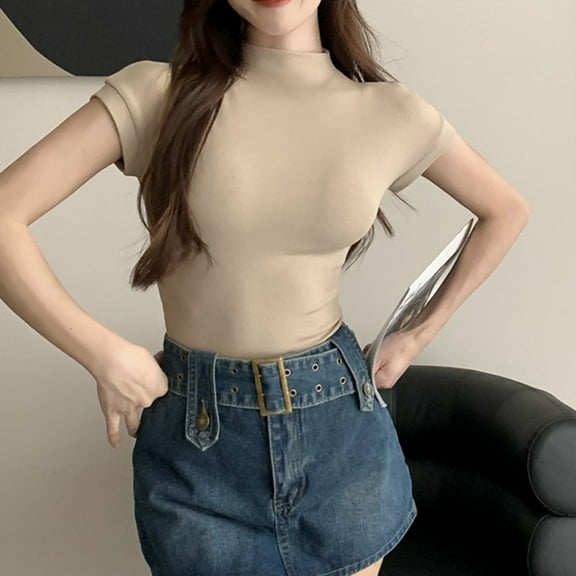 Fengqque Women's Short Sleeve Half High Collar Slim Fit Solid Color Base Shirt Casual Minimalist Top Khaki XXL(XXL)