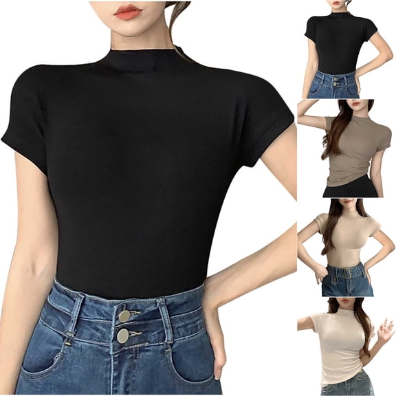 Fengqque Women's Short Sleeve Half High Collar Slim Fit Solid Color Base Shirt Casual Minimalist Top White XL(XL)