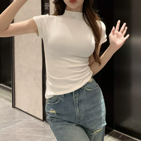 Fengqque Women's Short Sleeve Half High Collar Slim Fit Solid Color Base Shirt Casual Minimalist Top White XXL(XXL)