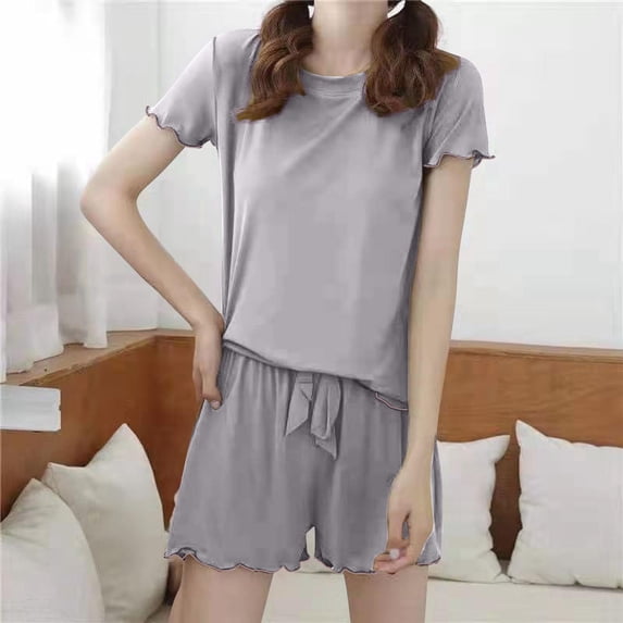 Fengqque Women's Short Sleeve Pajamas Set Ice Silk Lounge Sets for Women Pjs Two Piece Shorts Outfits Set Gray Free Size