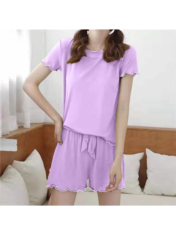 Women's Short Sleeve Pajamas Set Ice Silk Lounge Sets for Women Pjs Two Piece Shorts Outfits Set Purple Free Size