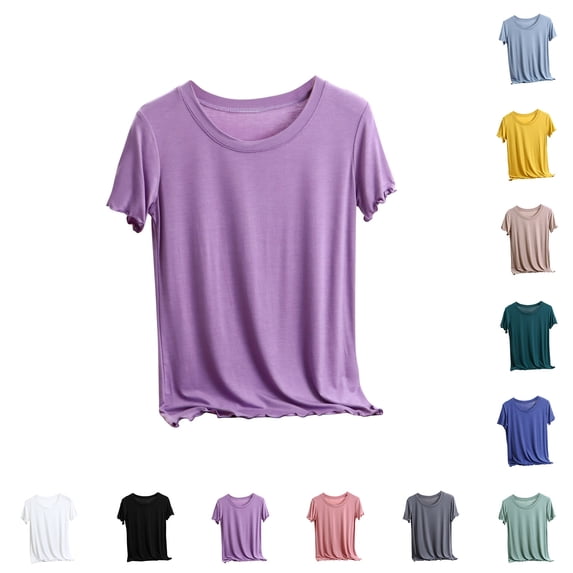 Fengqque Women's Short Sleeve Round Neck Solid Color Loose T-shirt Casual Lightweight Base Coat Yellow 10(XL)
