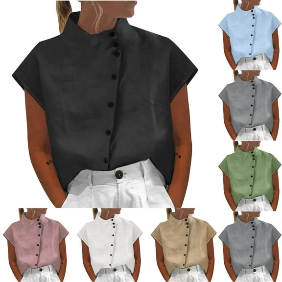 Fengqque Women's Short Sleeve Stand Up Collar Button Linen-cotton Shirt Solid Color Casual Daily Top White 10(XL)