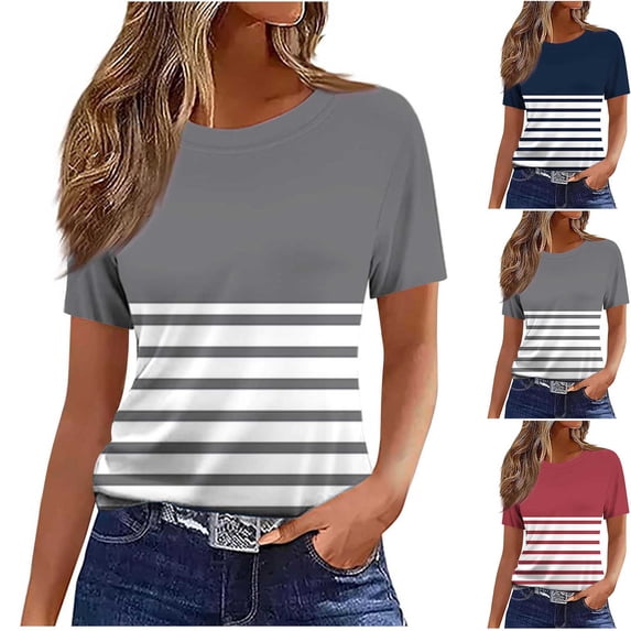 Fengqque Women's Short Sleeve Tops Crewneck Striped T Shirts Tops Slim Fit Cotton-like Basic Casual Tees Red-A XL(XL)