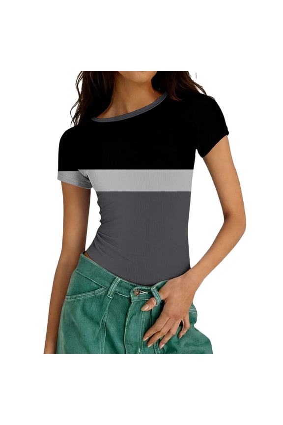 Women's Short Sleeve Tops,Rib Crop Tops for Women Round Neck Color Blocked Print Summer Trendy Tight Tshirts Slim Fit Black XL(XL)