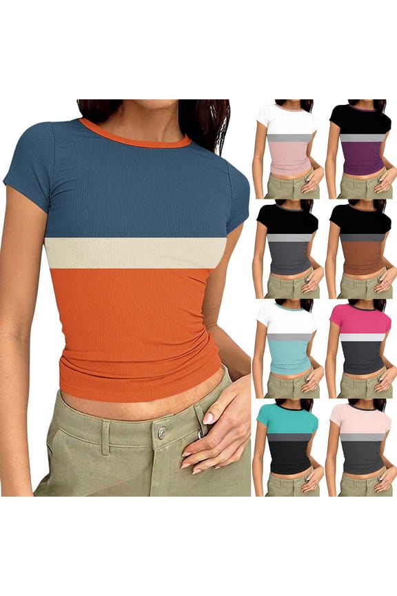 Women's Short Sleeve Tops,Rib Crop Tops for Women Round Neck Color Blocked Print Summer Trendy Tight Tshirts Slim Fit White XL(XL)