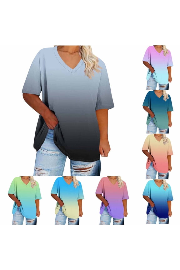 Women's Short Sleeve V-neck Plus Size Gradient Color Loose T-shirt Casual Daily Shirt Yellow XL(XL)