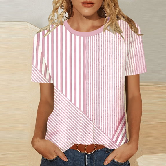Fengqque Women's Short Sleeves Striped Shirts,Women Striped Print Shirt Short Sleeve Crew Neck Summer Soft Long Tshirts Tops Blouse Pink-J M(M)