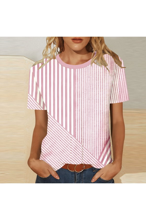 Women's Short Sleeves Striped Shirts,Women Striped Print Shirt Short Sleeve Crew Neck Summer Soft Long Tshirts Tops Blouse Pink-J XXL(XXL)