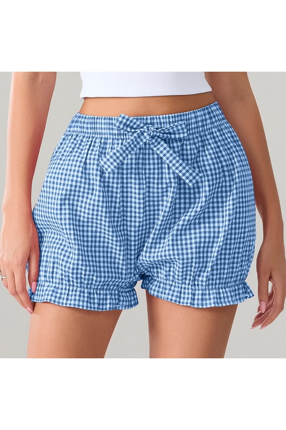 Women's Shorts Summer Cute Ruffle Shorts Checkered Print Elastic Waist Drawstring Pleated Short Blue M(M)