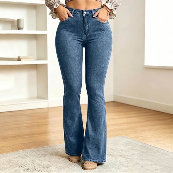 Fengqque Women's Slim Fit Flare Trousers Button Zip Bootcut Denim Pants with Classic Front Pockets Blue M
