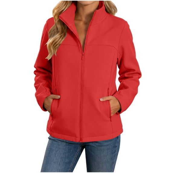 Fengqque Women’s Softshell Full Zip Jacket, Stand Collar Long Sleeve Windproof Casual Outer Coat with Zipper Pockets Lightweight Outdoor Jacket for Fall Winter Red