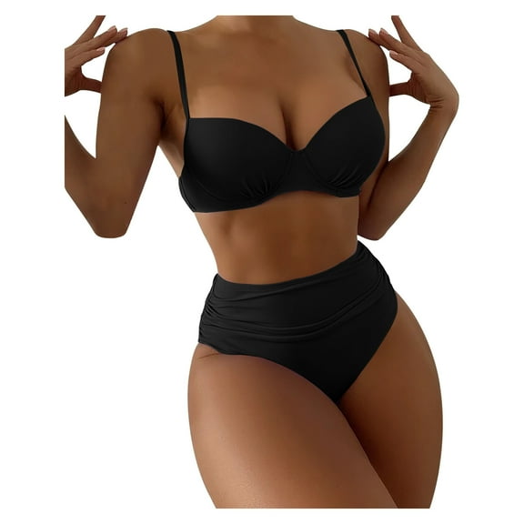 Fengqque Women's Solid Bikini Solid Color High Waist Sexy Gathering Split Swimsuit Suit