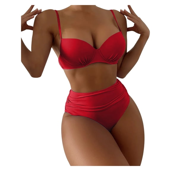Fengqque Women's Solid Bikini Solid Color High Waist Sexy Gathering Split Swimsuit Suit