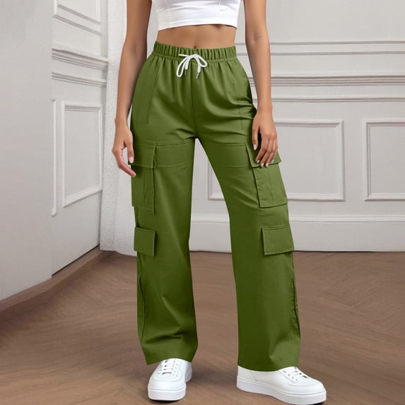 Fengqque Women's Solid Color Casual Elastic Waist Drawstring Straight-leg Pants Pocket Loose and Comfortable Workwear Pants Green L(L)