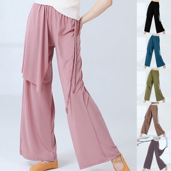 Fengqque Women's Solid Color Casual Loose Wide Leg Pants Stage Performance Elastic Waisted Straight Pants with Ribbons Purple-A 10(XL)