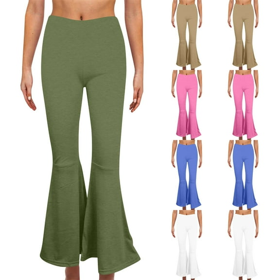 Fengqque Women's Solid Color Casual and Comfortable High Waist Elastic Tight Flared Pants Yoga Pants White 2(XS)