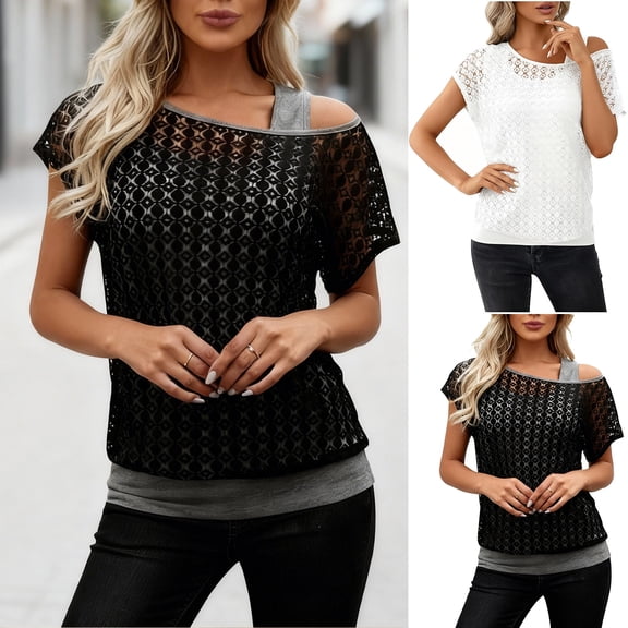 Fengqque Women's Solid Color Fake Two-piece Short Sleeve Lace off Shoulder Diagonal Collar Casual Daily Top White XL(XL)
