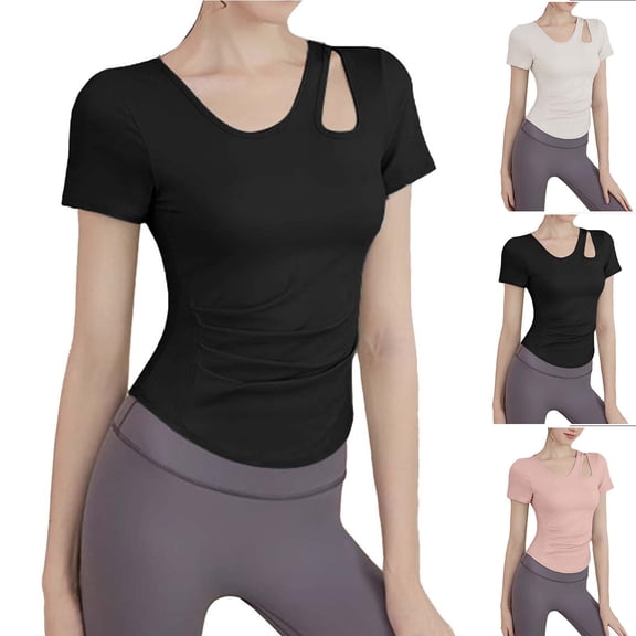 Fengqque Women's Solid Color Short Sleeve Round Neck Hollow Out Tight Fitting Exercise and Fitness Yoga Clothes with Padded Cups White XL(XL)