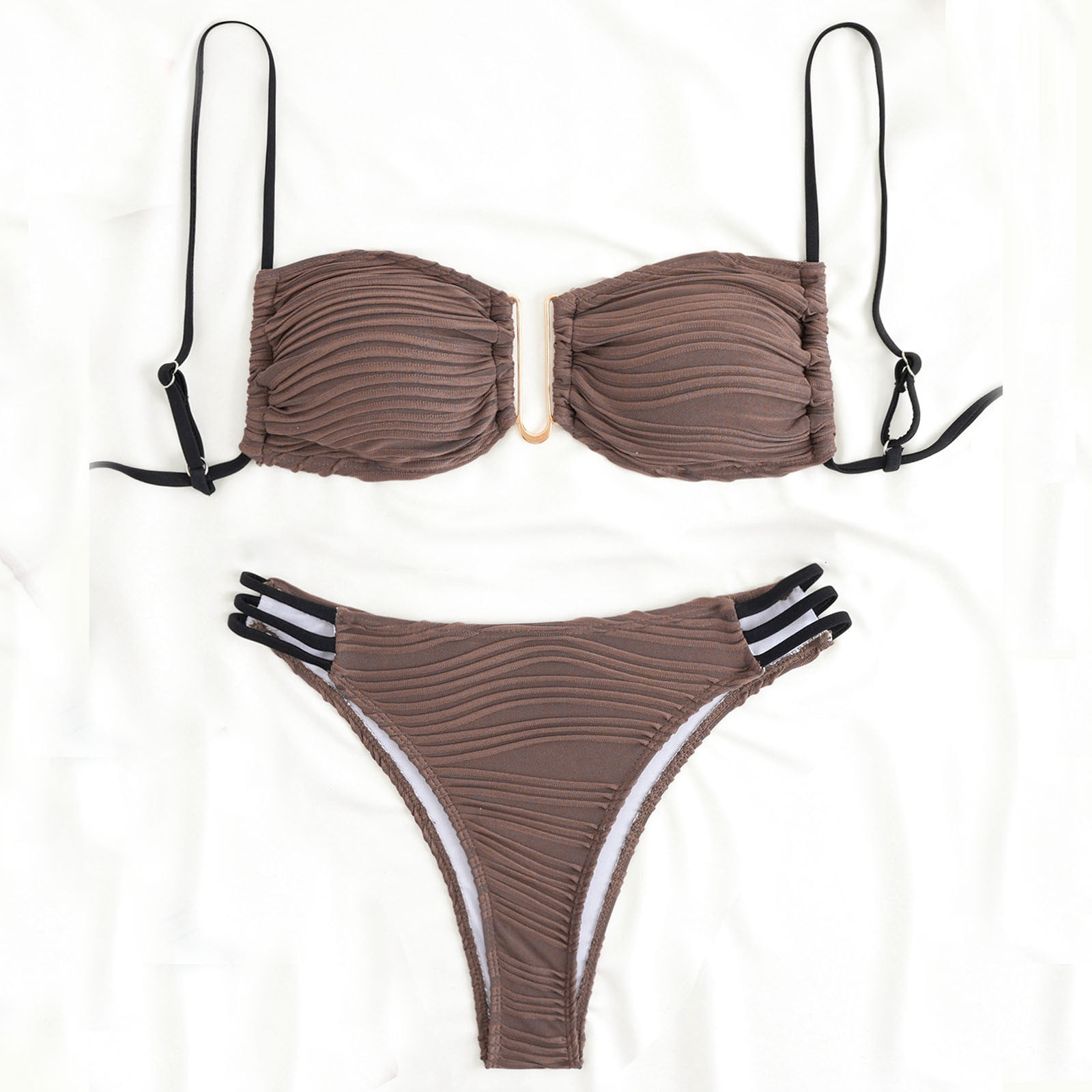 Fengqque Women's Solid Color Two Piece Bikini Sets U Ring Front Top ...