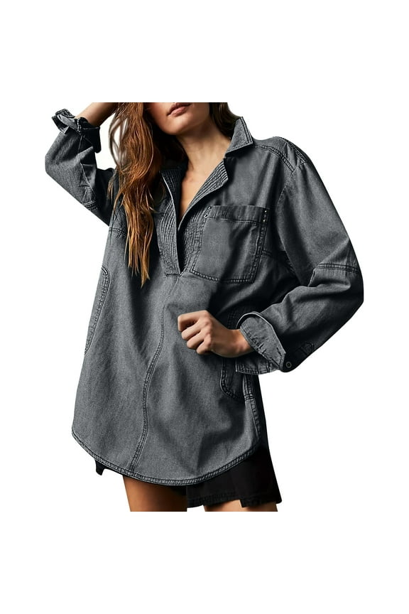 Women's Solid Color V-neck European and American Style Commuter Long Sleeve Loose and Comfortable Denim Jacket Gray 12(XXL)