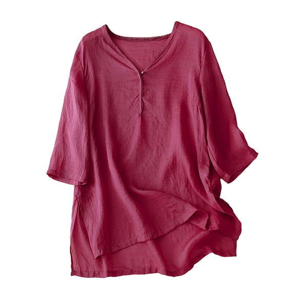 Fengqque Women's Solid Cotton And Linen 3/4 Sleeve Tops Button V-Neck Shirt Tops