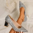 thumbnail image 1 of Fengqque Women's Sparkling Glitter Chunky Heel Closed Toe Sharp Pointed and Thick Heel Party Dress Shoes High Heels for Women Silver 7.5(40), 1 of 9