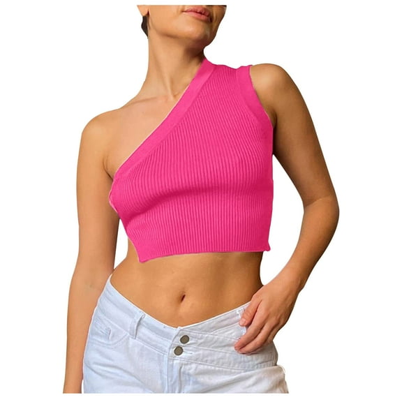 Fengqque Women's Spring And Summer One Shoulder Open Back Suspender Tank Top Knitted Tight Top