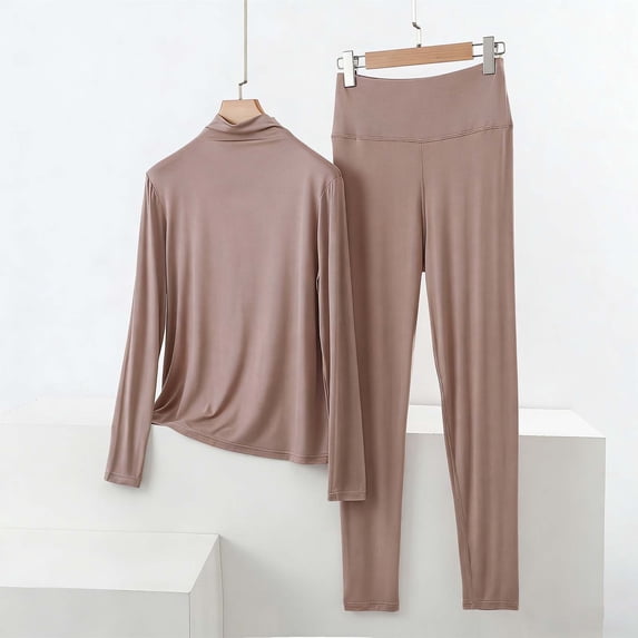 Fengqque Women’s Stand Collar Long Sleeve Top High Waist Full Length Leggings Two Piece Loungewear Pajama Set Coffee XL