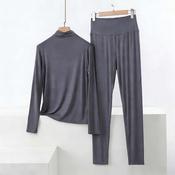 Fengqque Women’s Stand Collar Long Sleeve Top High Waist Full Length Leggings Two Piece Loungewear Pajama Set Gray XL