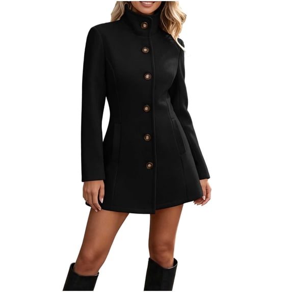 Fengqque Women’s Stand Collar Single Breasted Wool Blend Coat, Long Sleeve Fit and Flare Short A‑Line Winter Outerwear with Side Pockets