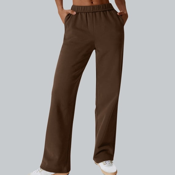 Fengqque Women's Straight Leg Long Pants Elastic High Waist Solid Color Trousers with Pockets Coffee XXL(XXL)