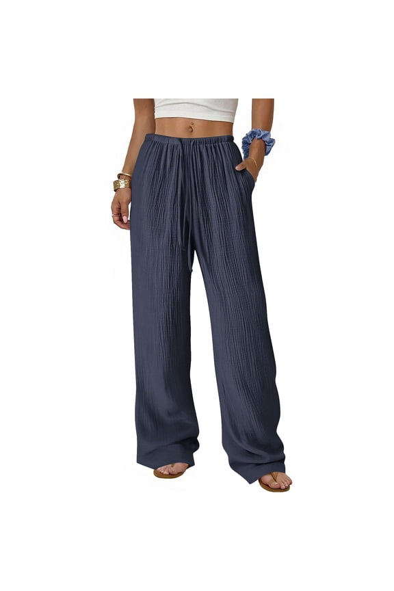 Women's Straight Pants Loose Wide-leg Pants Solid Color Elastic Waist Drawstring Trousers with Pockets Navy XS(XS)