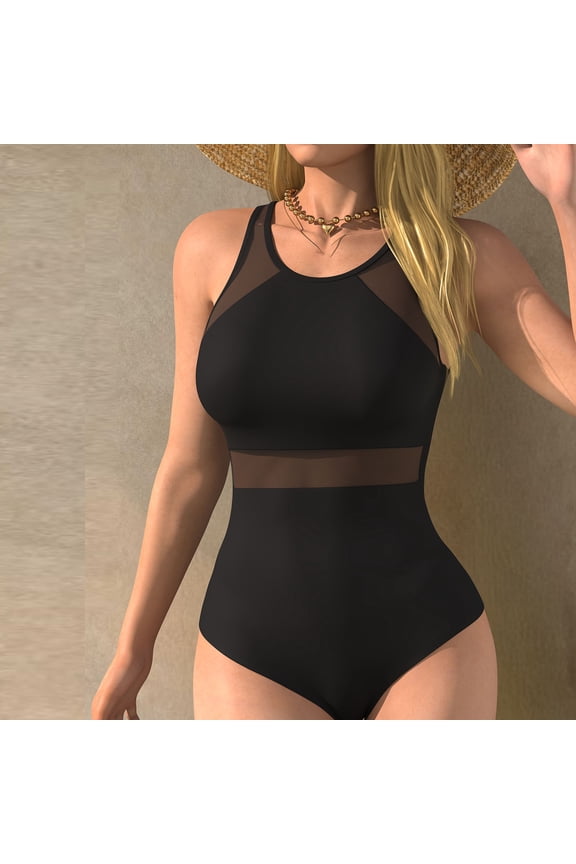 Women's Strap Round Neck Transparent Mesh One Piece Swimsuit Solid Color Bathing Suit with Chest Cushion Black XXL(XXL)