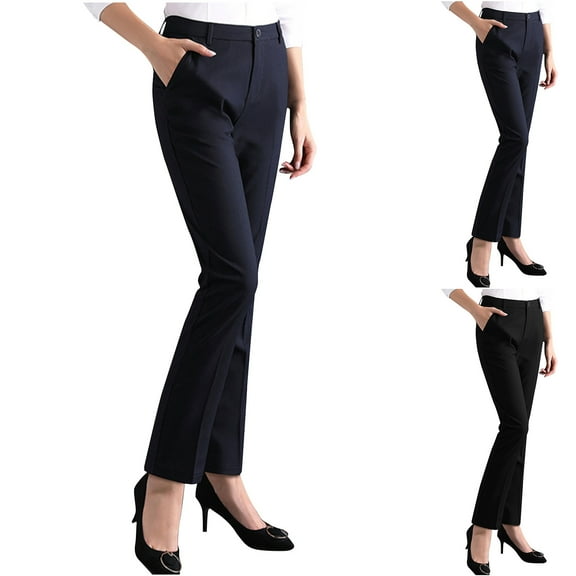 Fengqque Women's Stretchy Straight Leg Dress Work Pants Business Button office Casual Pants with Pockets Navy 10(XL)