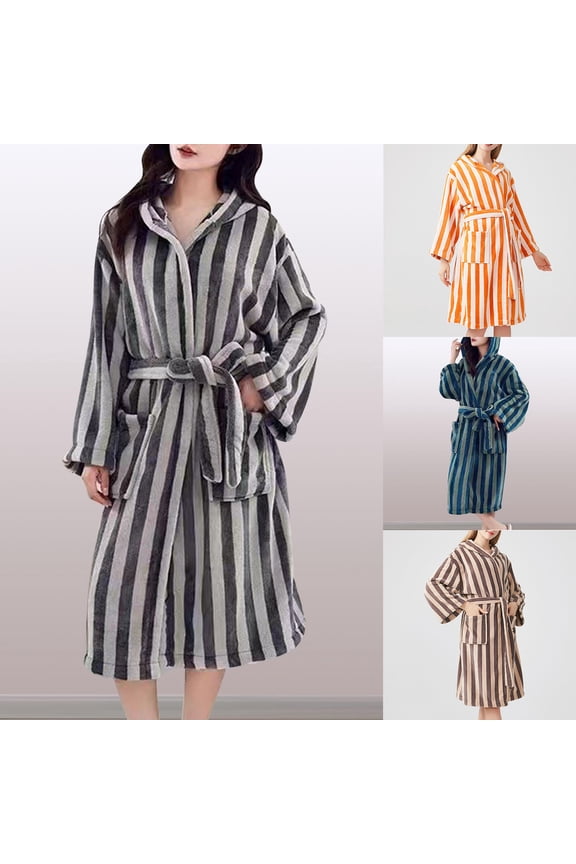 Women's Striped Hooded Winter Loose Plush Warm and Thick Long Plush Tie Bathrobe Sleeping Robe Orange 4-12(Free Size)