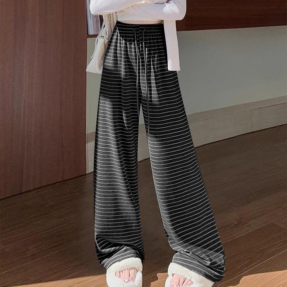 Fengqque Women's Striped Wide Leg Pants Elastic Waist Drawstring Baggy Casual Palazzo Trousers Black L(L)