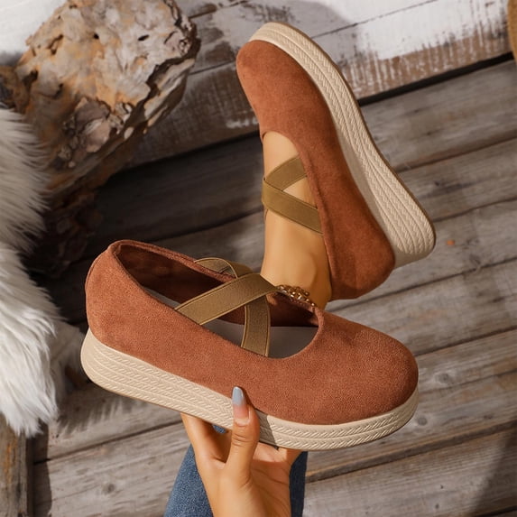 Fengqque Women's Suede Wedge Strap Loafers Round Toe Slip On Low Top Business Work office Dress Shoes Non Slip Height Increase Shoes Brown 9(42)