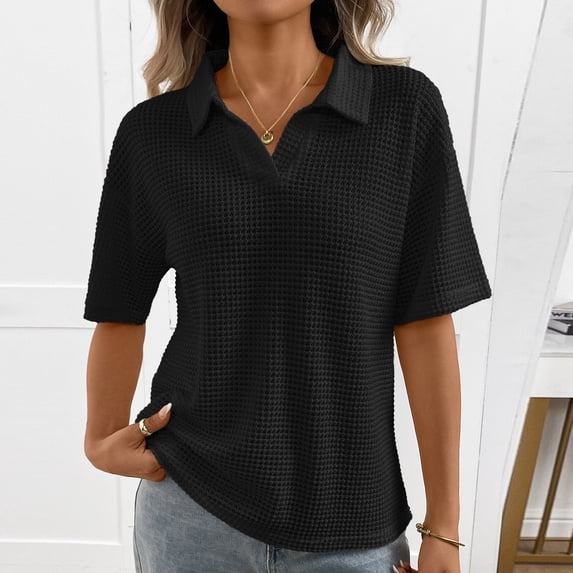 Fengqque Women's Summer Lapel Rib Short Sleeve T-Shirt Summer V-Neck Solid Color Top Loose Waist-cinching Women's T-shirt Black XL(XL)