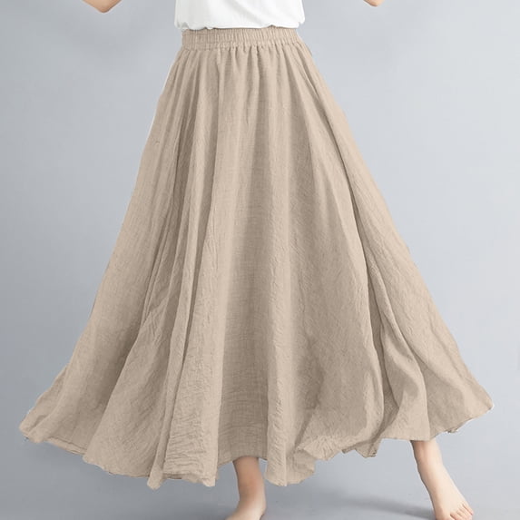 Fengqque Women's Summer Linen Plus Size Boho Maxi Skirt A-Line Flowy Elastic High Waist Beach Long Skirts Women's Skirts Gray 4(Free Size)