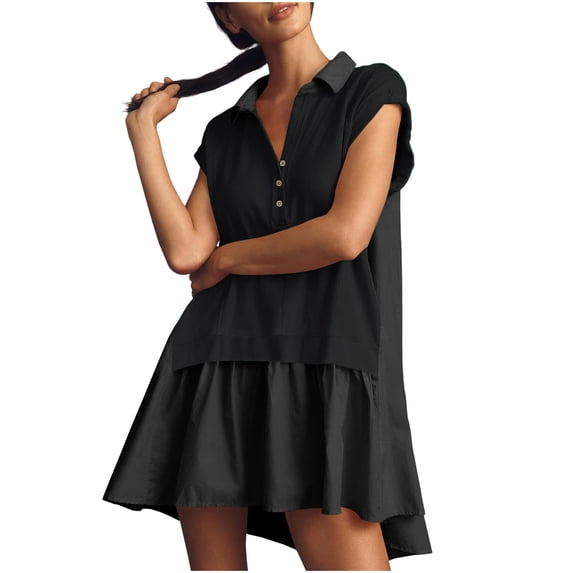 Fengqque Women's Summer Mini Dress Polo Shirt Button Layered Ruffle Hem Short Sleeve Mini Dress Black-A 10(XL)