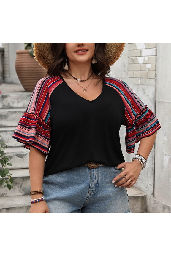Women's Summer Plus Size V Neck Raglan Sleeve Striped Ruffle Trim Half Sleeve Loose Fit Blouse Black XXL(XXL)