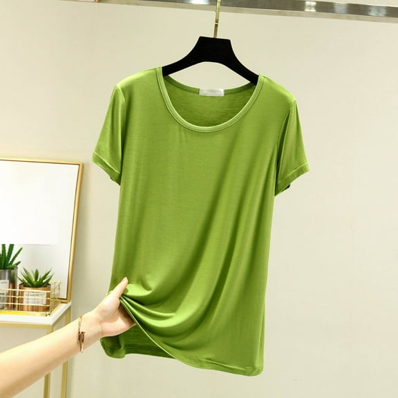 Fengqque Women's Summer Solid Color Short Sleeve Round Neck Loose Casual Pullover T-shirt Top Army Green L(L)